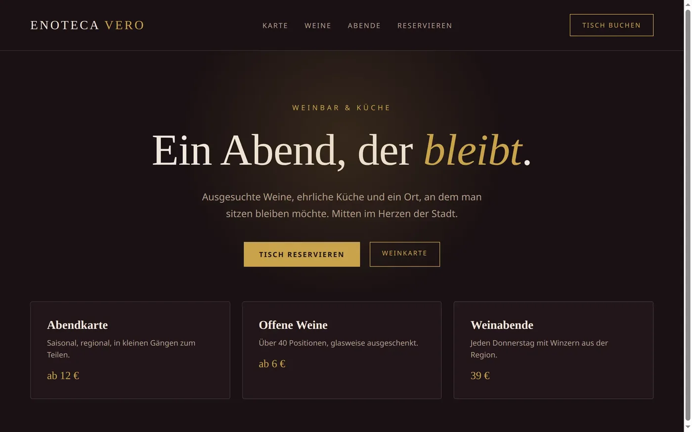 Studioentwurf einer Website für eine Weinbar in dunklem Bordeaux